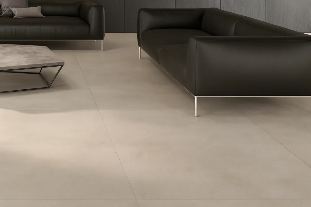 Portobello: Porcelanatos e Revestimentos de Alta Qualidade para Todos os Ambientes 6 Piso Portobello Hit Gris em sala de estar moderna com sofás de couro preto e mesa de centro de pedra, criando um ambiente elegante e sofisticado.