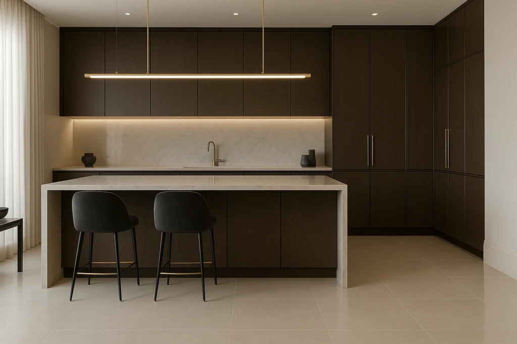Tipo de Porcelanato: Conheça Cada Um e Onde Usar no Seu Projeto 3 Cozinha moderna com porcelanato acetinado fosco no piso.