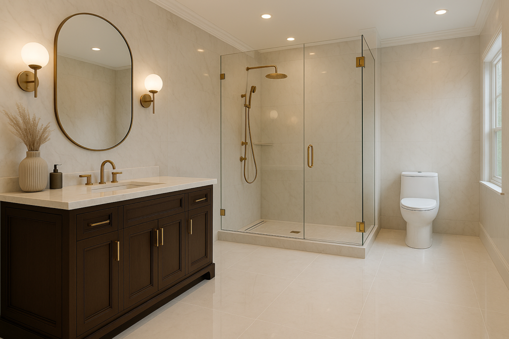 Tipo de Porcelanato: Conheça Cada Um e Onde Usar no Seu Projeto 4 Banheiro moderno com porcelanato esmaltado marmorizado branco.