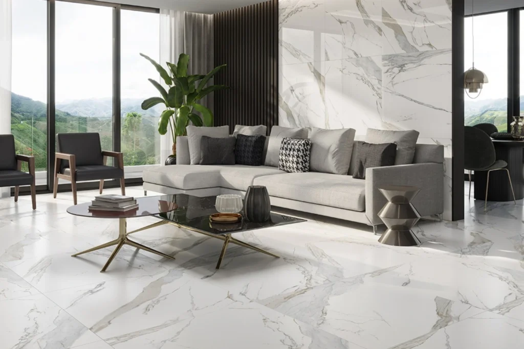 Tipo de Porcelanato: Conheça Cada Um e Onde Usar no Seu Projeto 8 Sala de estar elegante com tipo de porcelanato polido brilhante no piso.