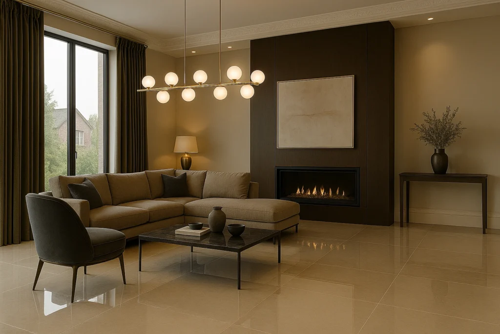 Tipo de Porcelanato: Conheça Cada Um e Onde Usar no Seu Projeto 2 Sala de estar elegante com tipo de porcelanato polido brilhante no piso.