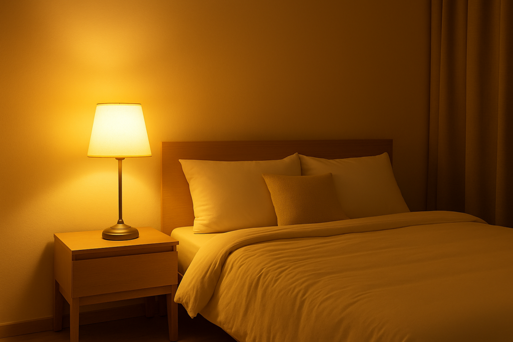 Quarto aconchegante iluminado por luz amarela, com cama de casal e criado-mudo de madeira.