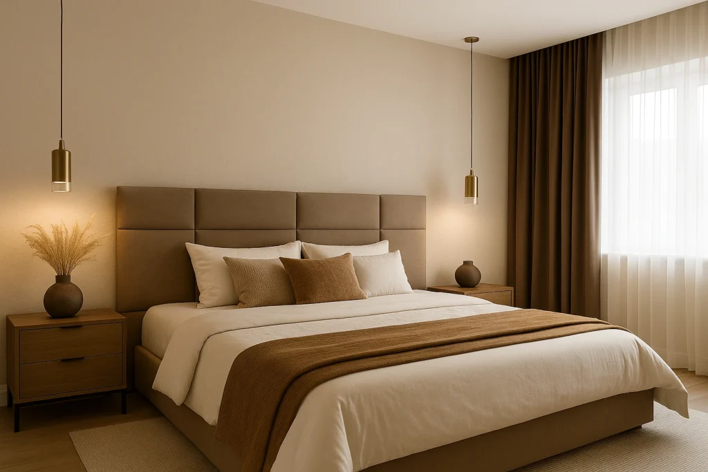 10 Inspirações de Cores para Quarto de Casal Moderno e Aconchegante 5 Quarto de casal moderno em tons bege e marrom, com cabeceira estofada, roupa de cama neutra e decoração elegante.