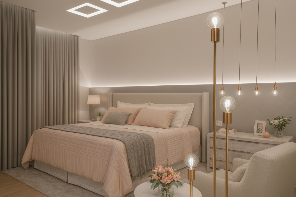 10 Inspirações de Cores para Quarto de Casal Moderno e Aconchegante 2 Quarto de casal moderno em tons de cinza e rosa, com iluminação sofisticada, cama estofada, roupa de cama elegante e detalhes em dourado.
