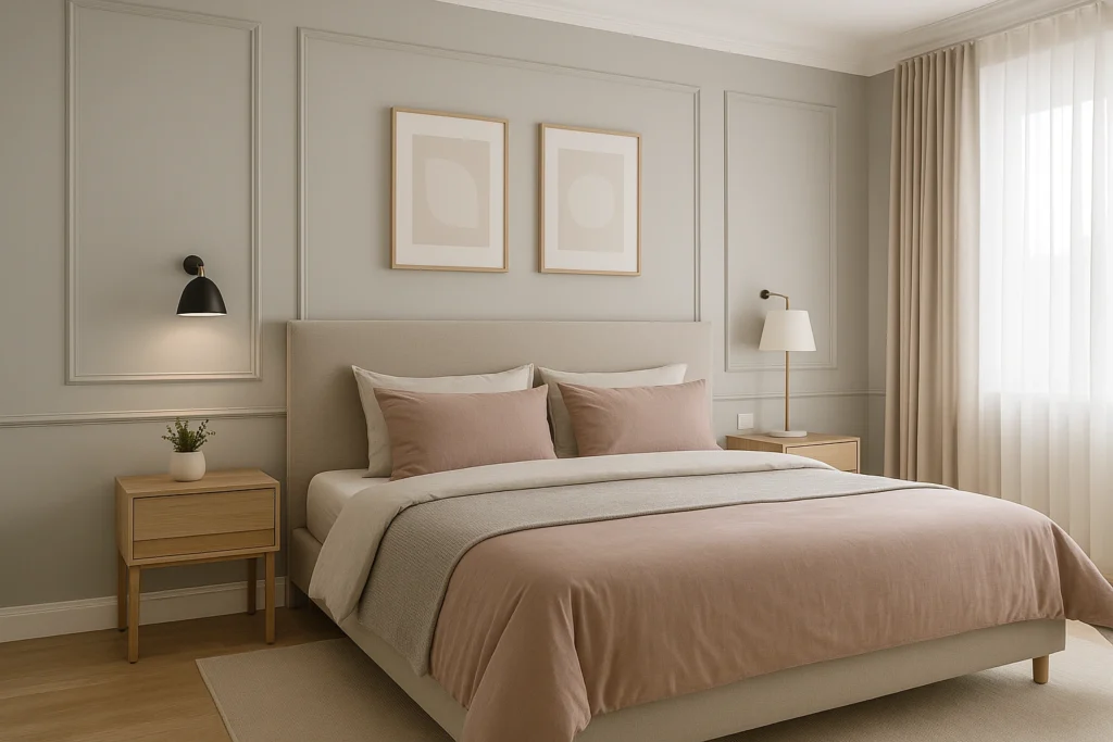 10 Inspirações de Cores para Quarto de Casal Moderno e Aconchegante 12 Quarto de casal moderno com molduras boiserie nas paredes, decoração elegante e iluminação suave.