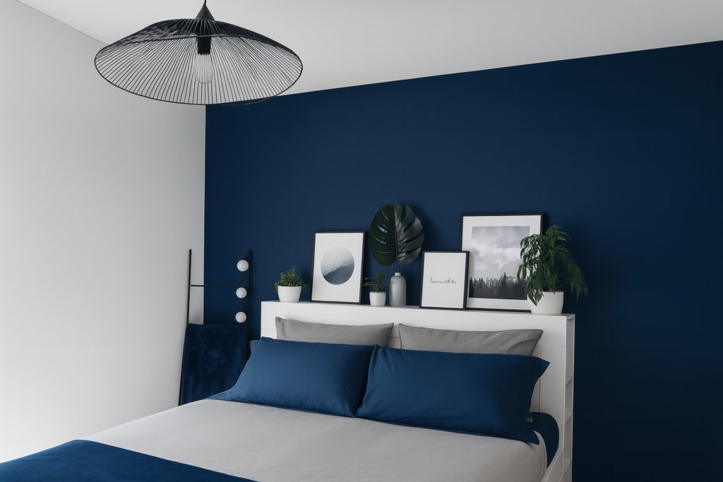 10 Inspirações de Cores para Quarto de Casal Moderno e Aconchegante 3 Quarto de casal moderno com parede azul-marinho, roupa de cama em azul e cinza, decoração minimalista com quadros e plantas.