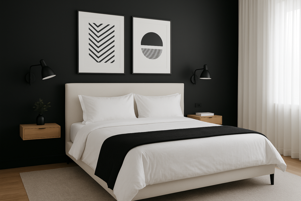 10 Inspirações de Cores para Quarto de Casal Moderno e Aconchegante 6 Quarto de casal moderno preto e branco, com parede preta, cama clara, decoração minimalista e iluminação natural suave.