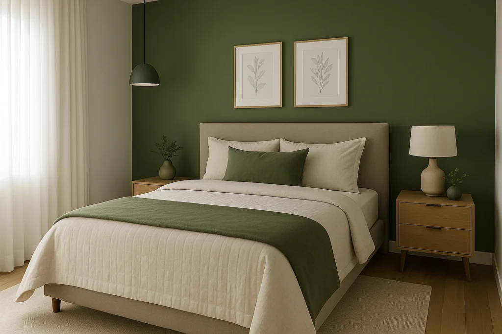 10 Inspirações de Cores para Quarto de Casal Moderno e Aconchegante 10 Quarto de casal moderno em verde olive e off-white com design elegante e iluminação natural.