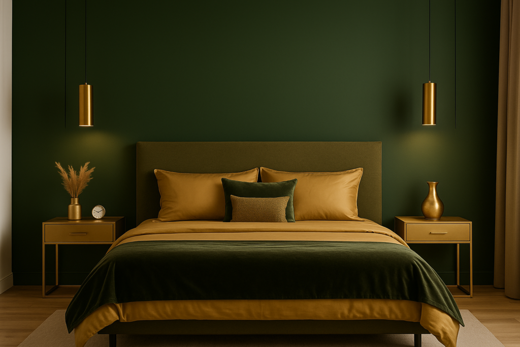 10 Inspirações de Cores para Quarto de Casal Moderno e Aconchegante 4 Quarto de casal moderno com parede verde musgo e detalhes dourados, incluindo luminárias pendentes e decoração elegante.