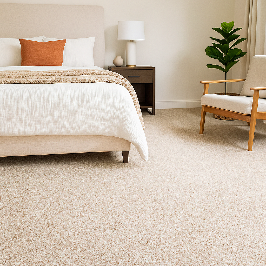 Carpete no quarto: vale a pena? Conheça 3 motivos para investir nesse revestimento 3 Quarto com carpete bege, cama estofada, almofada terracota e poltrona ao lado de planta.