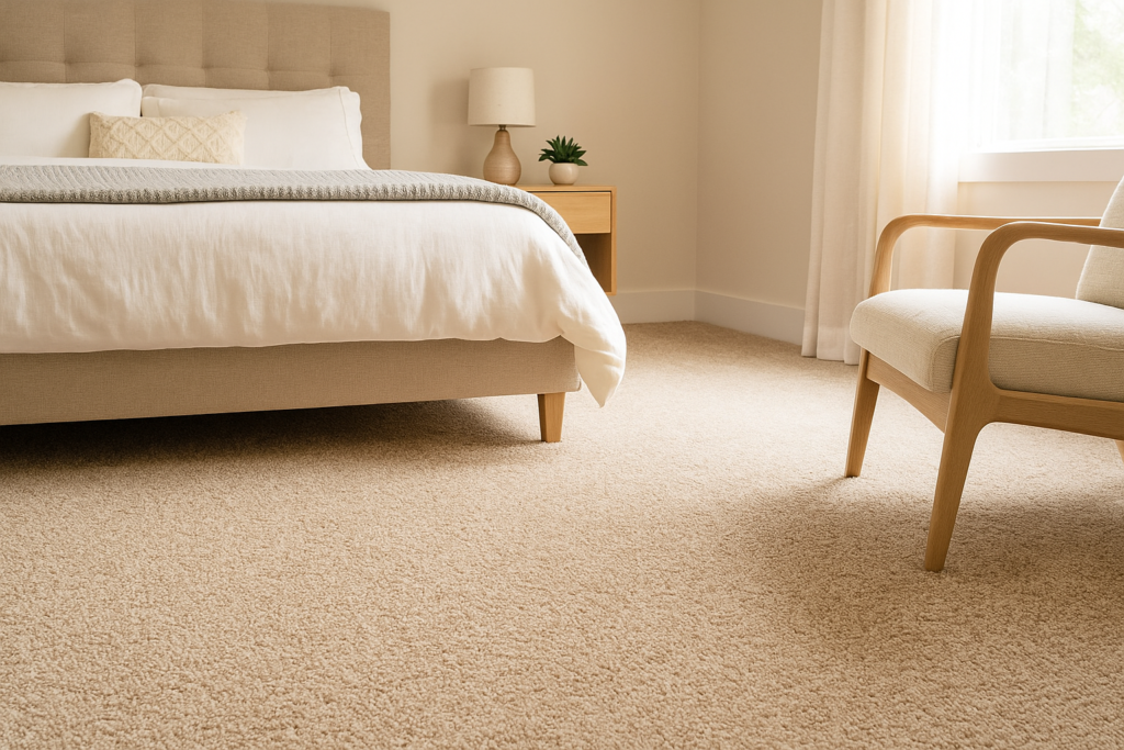 Carpete no quarto: vale a pena? Conheça 3 motivos para investir nesse revestimento 2 Quarto aconchegante com carpete bege, cama estofada e luz natural.