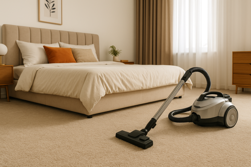 Carpete no quarto: vale a pena? Conheça 3 motivos para investir nesse revestimento 4 Quarto moderno com carpete bege e aspirador de pó no piso.