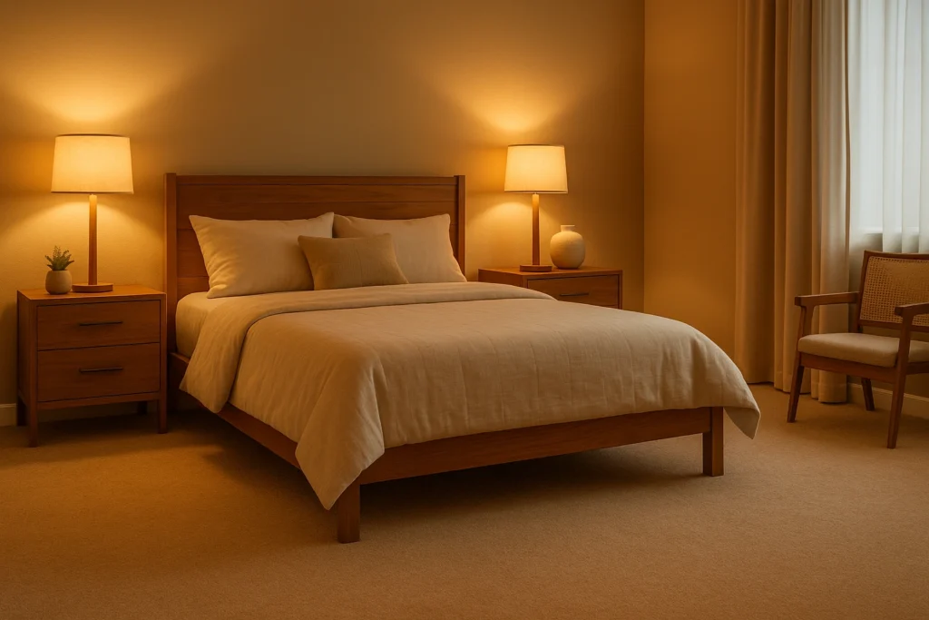 Carpete no quarto: vale a pena? Conheça 3 motivos para investir nesse revestimento 8 Quarto com carpete e móveis de madeira, iluminação quente e decoração acolhedora.