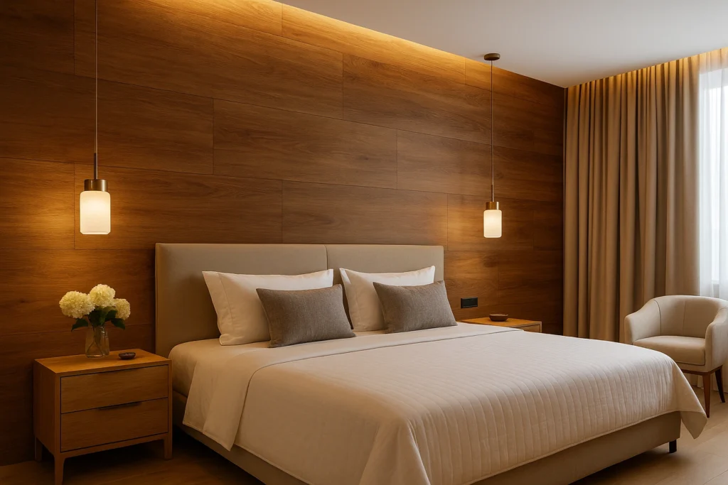 Quarto moderno com parede de porcelanato amadeirado, iluminação aconchegante e detalhes luxuosos na decoração.