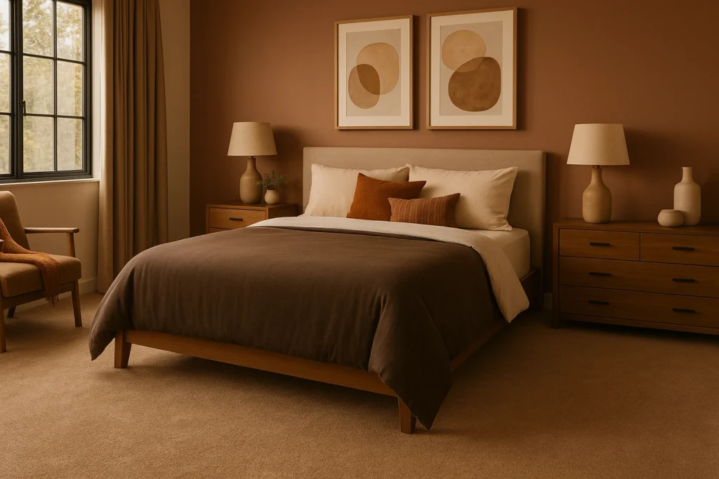 Carpete no quarto: vale a pena? Conheça 3 motivos para investir nesse revestimento 7 Quarto de casal com carpete fendi, paredes e roupas de cama em tons quentes e românticos.