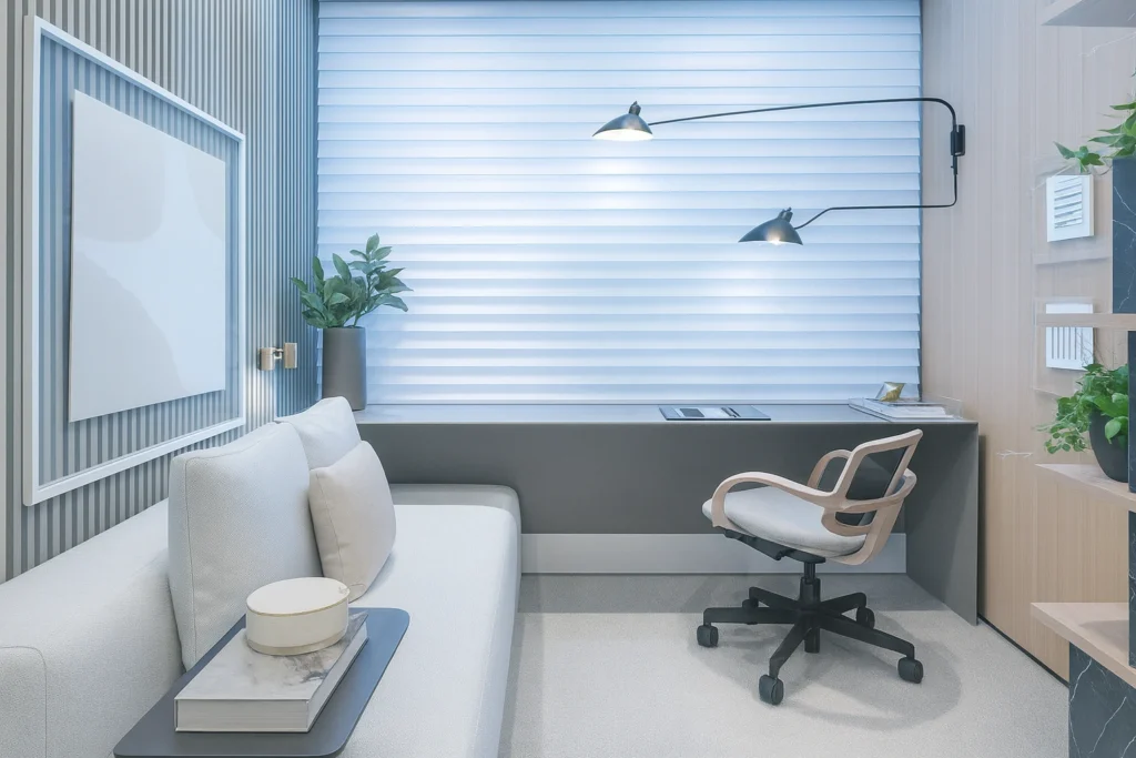 Quarto de estudo moderno com iluminação branca fria, mesa minimalista e decoração sofisticada