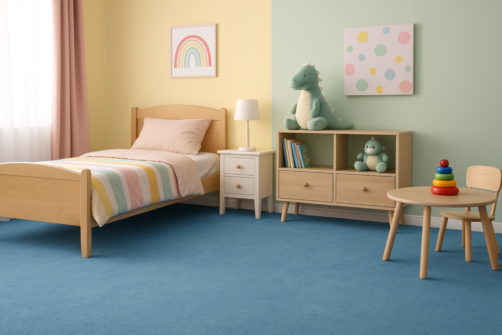 Carpete no quarto: vale a pena? Conheça 3 motivos para investir nesse revestimento 6 Quarto infantil com carpete azul antialérgico, móveis de madeira clara e decoração lúdica.