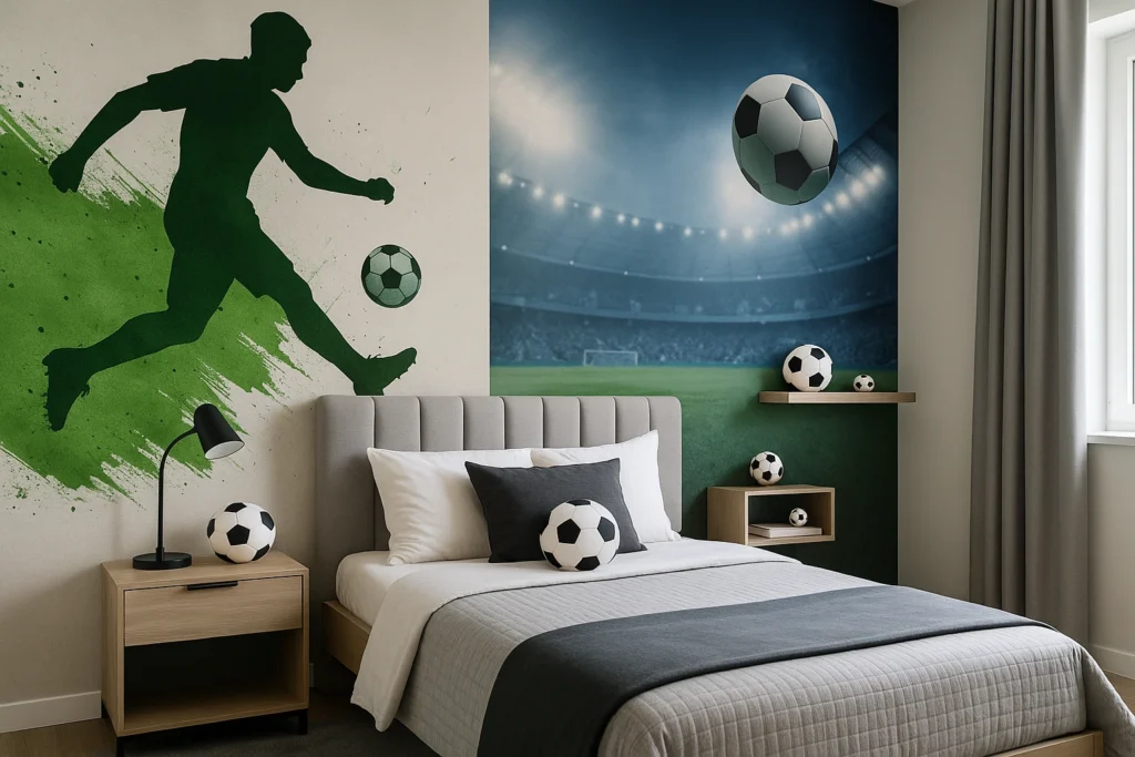 Pintura de Quarto: Confira Cores e Estilos para se inspirar. 7 Quarto infantil moderno masculino com mural de futebol, cama estofada cinza e decoração temática com bolas e cores verde e azul.