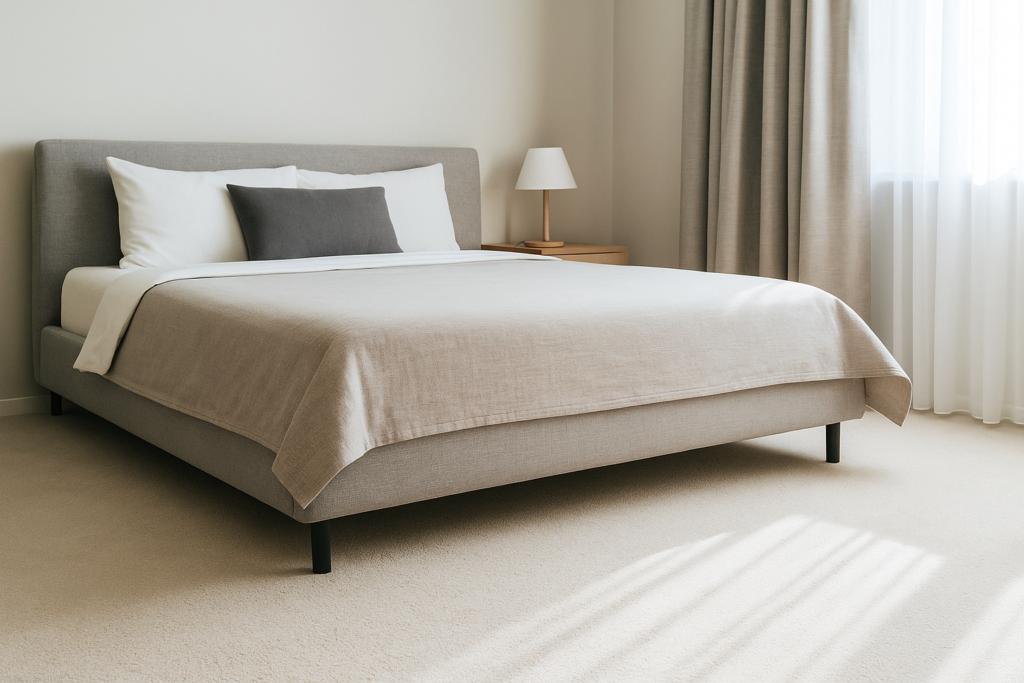 Carpete no quarto: vale a pena? Conheça 3 motivos para investir nesse revestimento 5 Quarto minimalista moderno com carpete claro, cama cinza e decoração neutra.