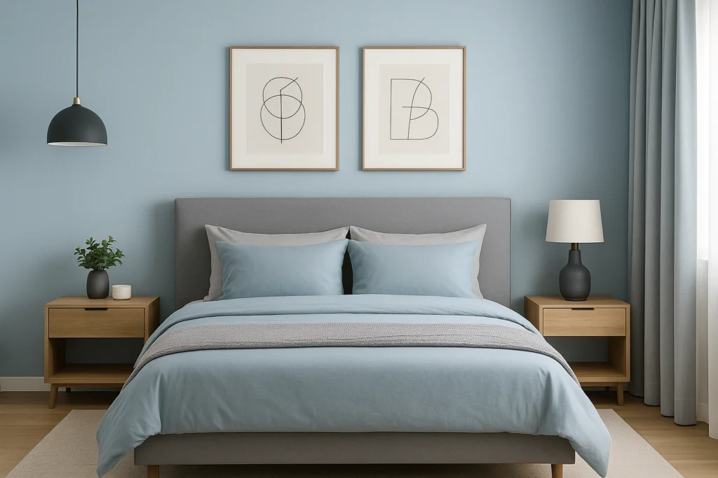 10 Inspirações de Cores para Quarto de Casal Moderno e Aconchegante 8 Quarto moderno em azul claro e cinza com decoração elegante.
