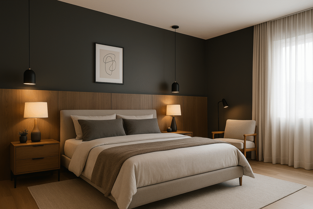 10 Inspirações de Cores para Quarto de Casal Moderno e Aconchegante 11 Quarto moderno com decoração em cinza escuro e madeira, iluminação suave e móveis minimalistas.