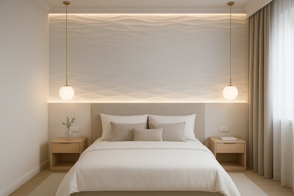 Quarto moderno com parede de porcelanato 3D atrás da cama, iluminação aconchegante e decoração elegante.