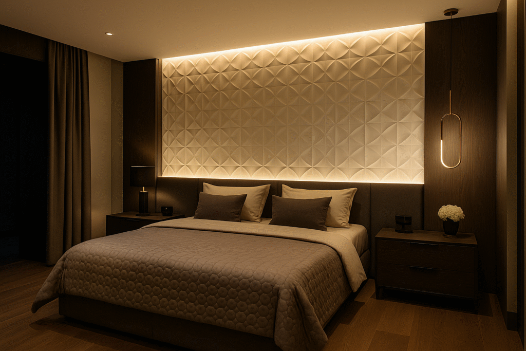 Quarto moderno luxuoso com parede de porcelanato 3D iluminado com LED embutido e decoração sofisticada.