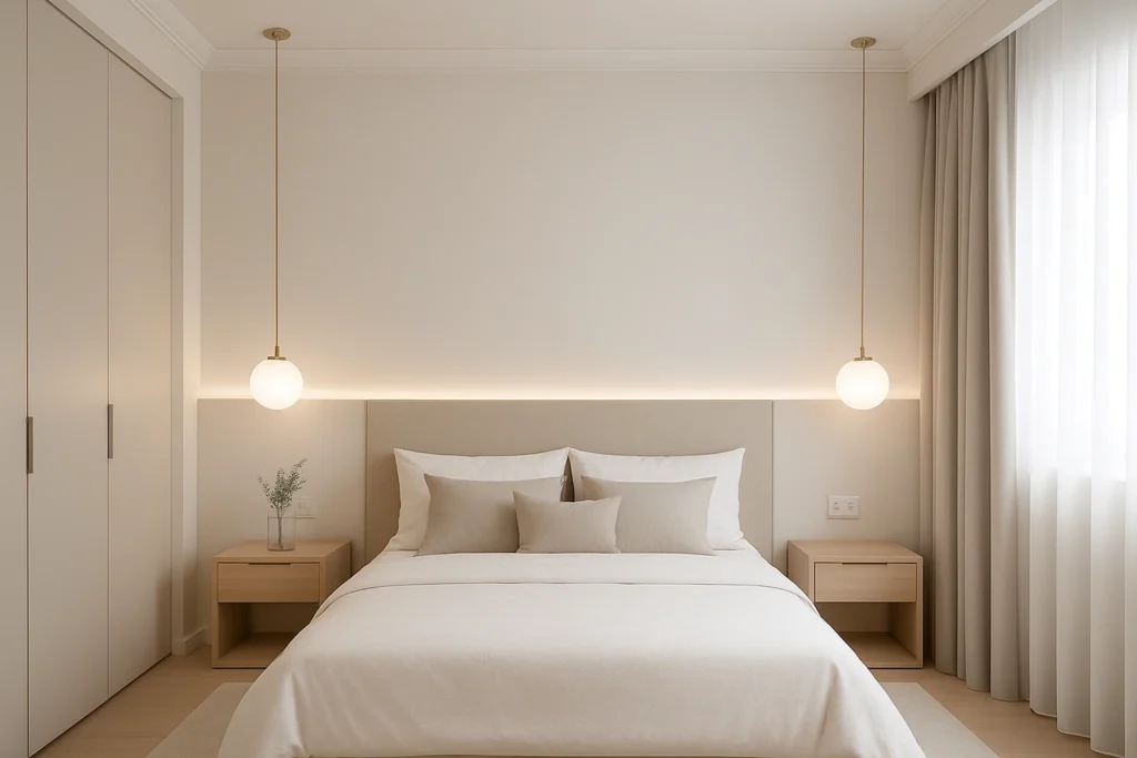 Quarto moderno pequeno com parede de porcelanato branco liso, iluminação delicada e decoração sofisticada.