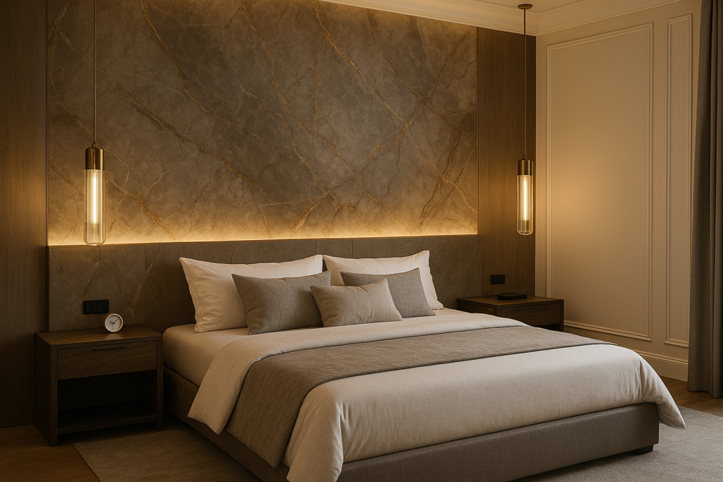 Quarto moderno com parede de porcelanato substituindo a cabeceira, iluminação refinada e decoração luxuosa.