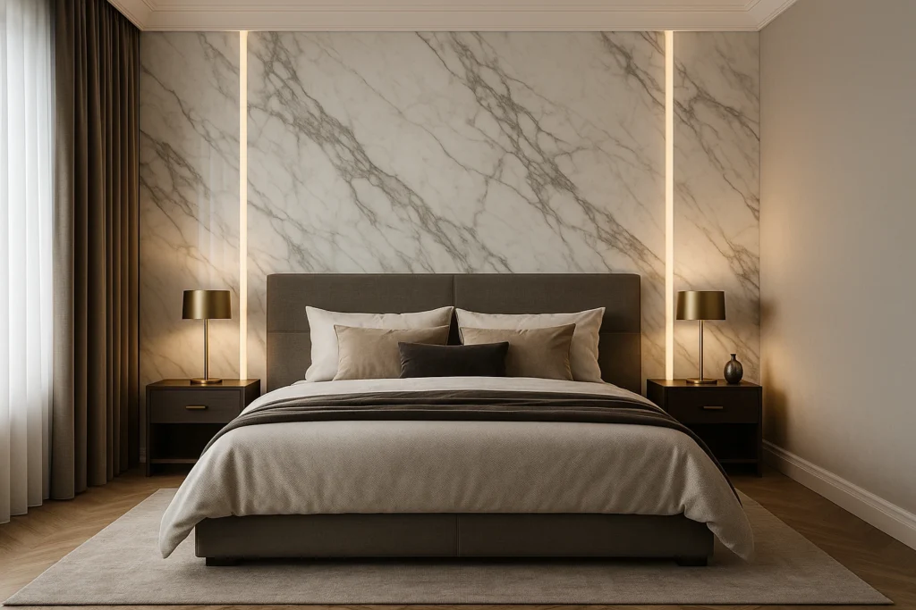 Quarto moderno com parede de porcelanato marmorizado atrás da cama, iluminação delicada e decoração sofisticada.
