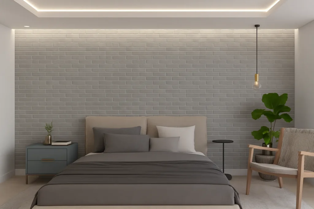 Revestimento Tijolinho de Parede: Ideias, Estilos e Inspirações para Sua Casa 3 Quarto moderno com parede revestida de tijolinho cinza, iluminação em LED no teto e decoração elegante com móveis minimalistas.