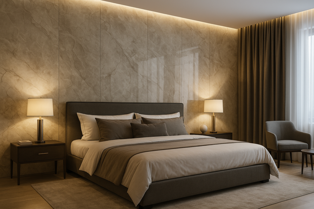 Quarto moderno com toda a parede em porcelanato, iluminação aconchegante e decoração luxuosa.