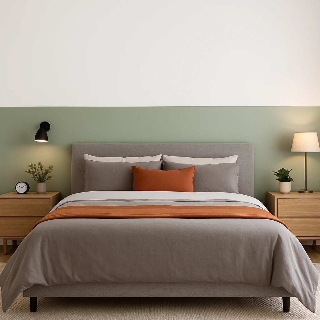 10 Inspirações de Cores para Quarto de Casal Moderno e Aconchegante 13 Quarto moderno com pintura meia parede verde e branca, cama cinza e detalhes em laranja.