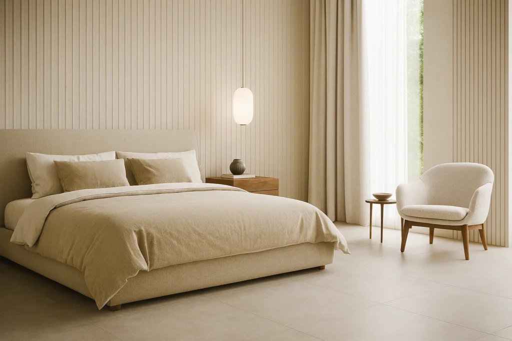 Biancogres: Porcelanatos de Qualidade e Sofisticação para Sua Obra 6 Quarto moderno revestido com porcelanato Biancogres Flow Oregon Beige 45x90, cama estofada em tons claros, poltrona elegante, iluminação suave e detalhes aconchegantes.