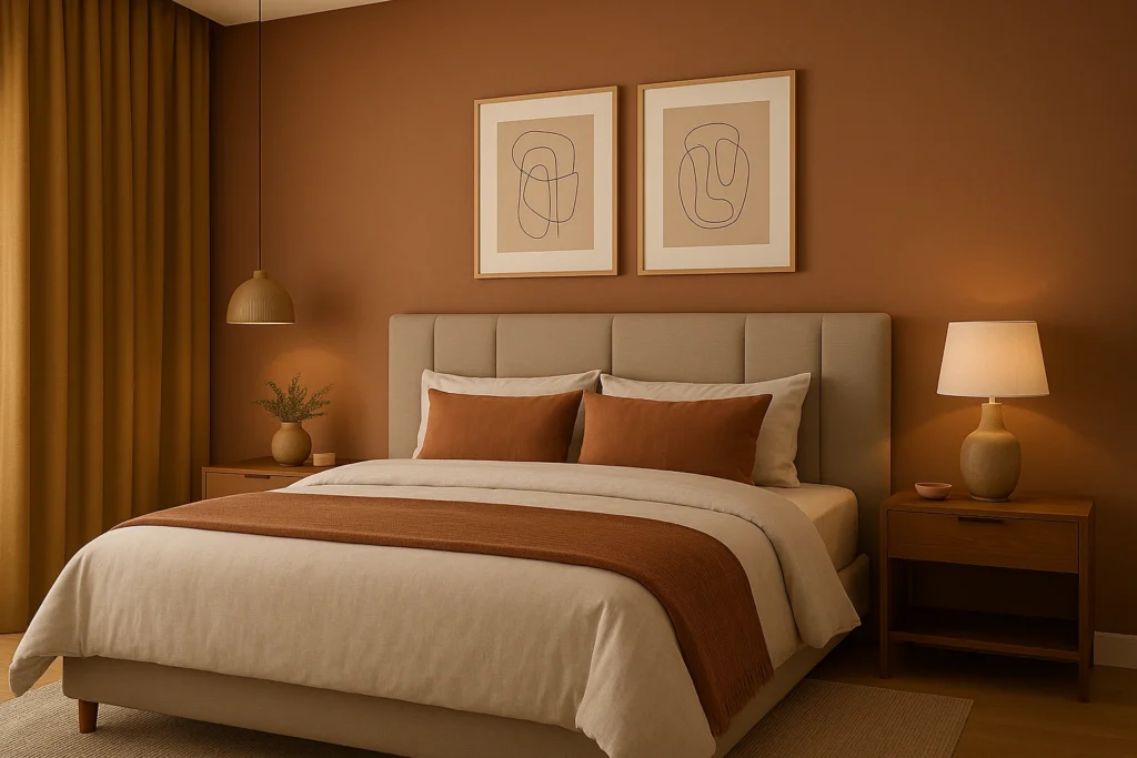 10 Inspirações de Cores para Quarto de Casal Moderno e Aconchegante 7 Quarto moderno em tons terrosos, com parede terracota, roupa de cama bege e detalhes em marrom, criando um ambiente acolhedor e elegante.