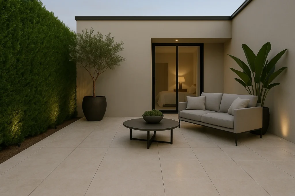 Ideias de Piso para Área Externa: Transforme seu Quintal com Estilo e Praticidade 6 Quintal pequeno moderno com piso claro, sofá de design contemporâneo, mesa de centro elegante e vasos decorativos com plantas tropicais, transmitindo luxo e aconchego.