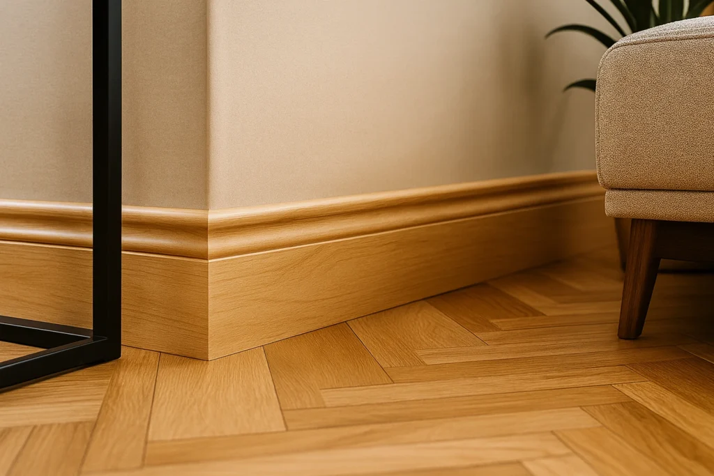 Como Colocar um Rodapé: Guia Completo de Instalação para Todos os Materiais 2 Imagem ilustrativa de rodapé de madeira em ambiente seco com piso em padrão chevron e detalhes elegantes de decoração moderna.