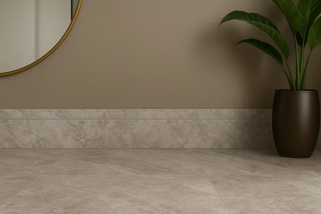 Como Colocar um Rodapé: Guia Completo de Instalação para Todos os Materiais 4 Imagem ilustrativa de rodapé de porcelanato cinza instalado em ambiente seco, com piso e paredes em tom neutro, transmitindo elegância e modernidade.