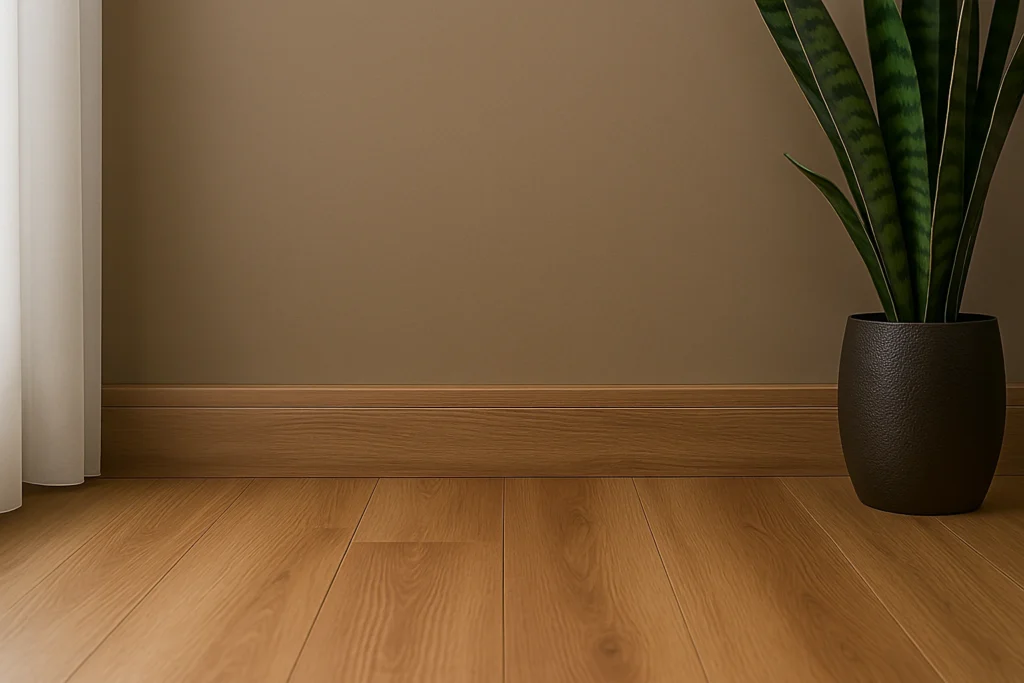 Como Colocar um Rodapé: Guia Completo de Instalação para Todos os Materiais 5 Imagem ilustrativa de rodapé laminado em tom amadeirado, aplicado em ambiente seco com parede neutra e planta decorativa em vaso moderno.