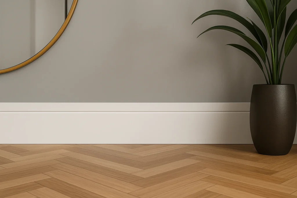 Como Colocar um Rodapé: Guia Completo de Instalação para Todos os Materiais 3 Imagem de rodapé poliestireno branco Santa Luzia aplicado em ambiente moderno com piso amadeirado em padrão chevron e parede polida cinza.