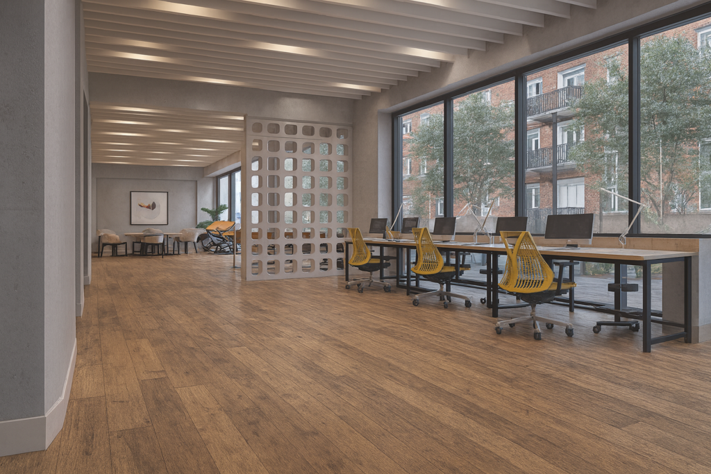 Portobello: Porcelanatos e Revestimentos de Alta Qualidade para Todos os Ambientes 5 Sala comercial moderna com piso Portobello Parquet D'olivier, transmitindo sofisticação e elegância.