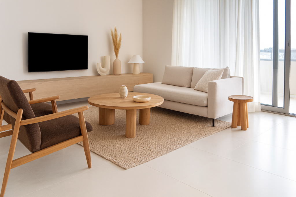 Eliane Revestimento, Pisos e Porcelanatos: Dicas para Escolher o Ideal 3 Sala de estar moderna com porcelanato branco Eliane Munari Branco no piso, móveis em madeira clara e decoração minimalista.
