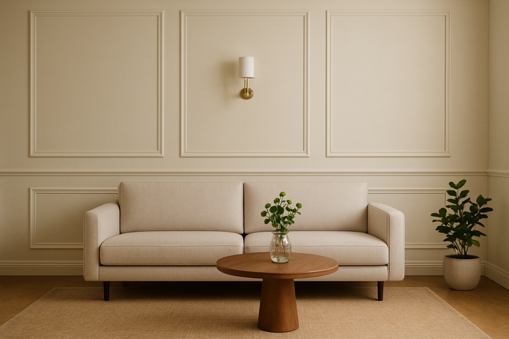 Sala de estar minimalista com boiserie na parede, sofá claro, mesa de centro em madeira e plantas decorativas.