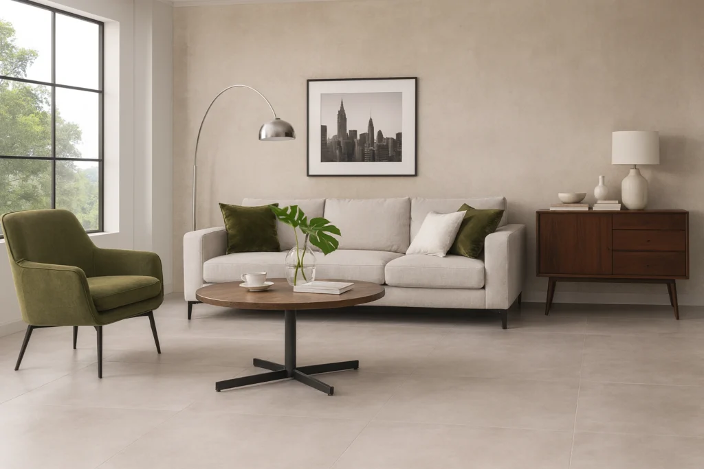 Porcelanato Cimentício: Como Escolher o Modelo para Cada Ambiente 2 Sala de estar moderna com sofá bege, parede texturizada e piso em porcelanato Brera Cimento Acetinado 90x90.
