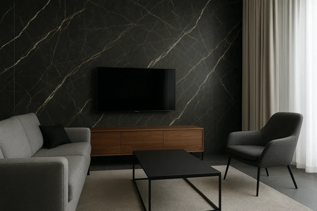 Parede de Sala com Porcelanato: Confira 5 Modelos Elegante e Sofisticado 2 Sala de estar moderna e elegante com parede revestida em porcelanato marmorizado escuro, móveis minimalistas e iluminação natural.