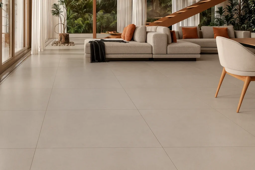 Porcelanato Polido ou Acetinado: Diferenças, Vantagens e Como Escolher 3 Sala de estar moderna e elegante com porcelanato acetinado claro, sofá bege com almofadas terrosas, escada minimalista e jardim integrado.
