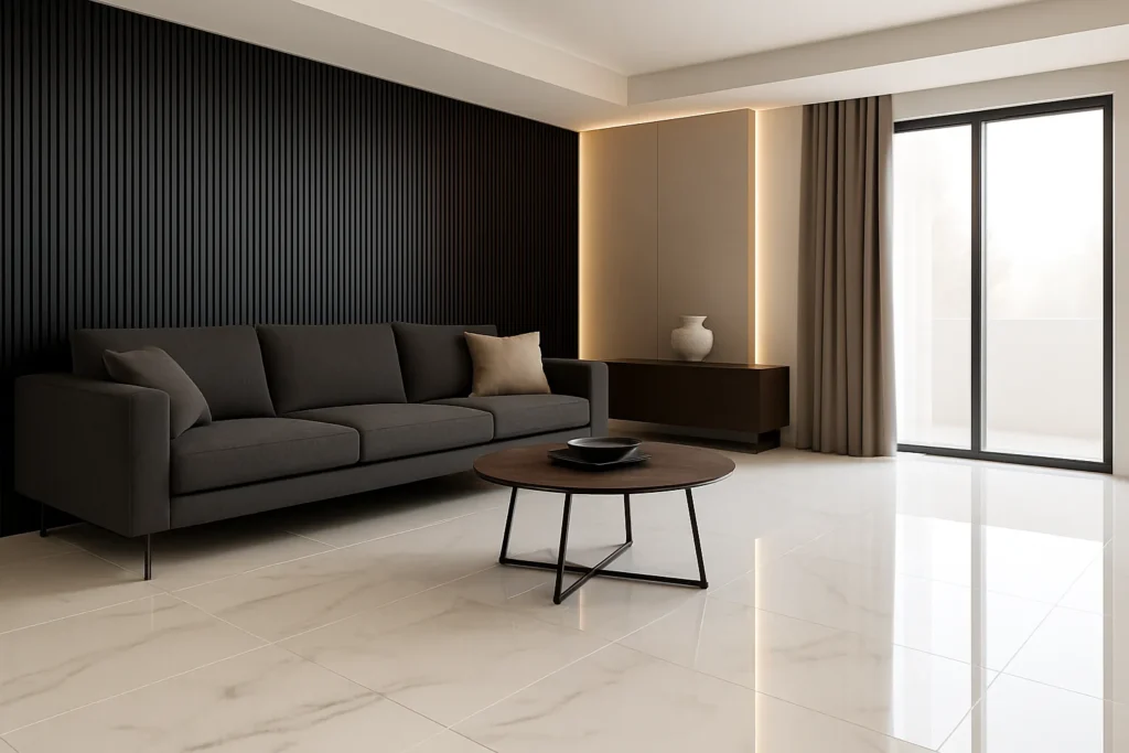 Porcelanato Polido ou Acetinado: Diferenças, Vantagens e Como Escolher 2 Sala de estar moderna e sofisticada com porcelanato polido, sofá escuro, mesa de centro minimalista e iluminação elegante.
