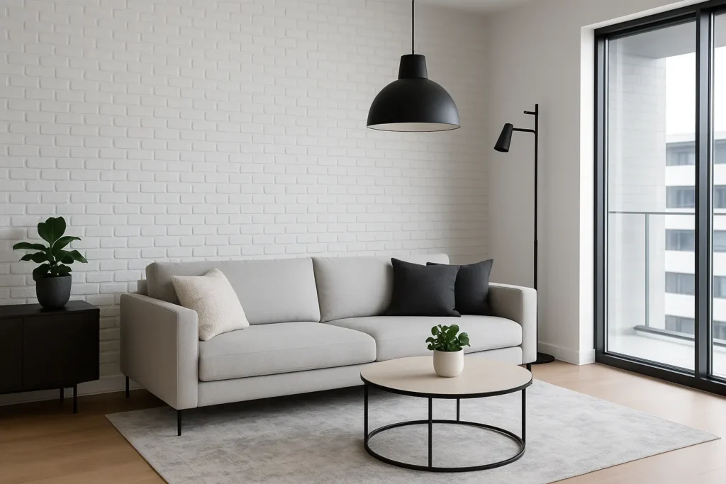 Revestimento Tijolinho de Parede: Ideias, Estilos e Inspirações para Sua Casa 2 Sala de estar moderna com revestimento de tijolinho branco na parede, sofá minimalista e iluminação contemporânea.