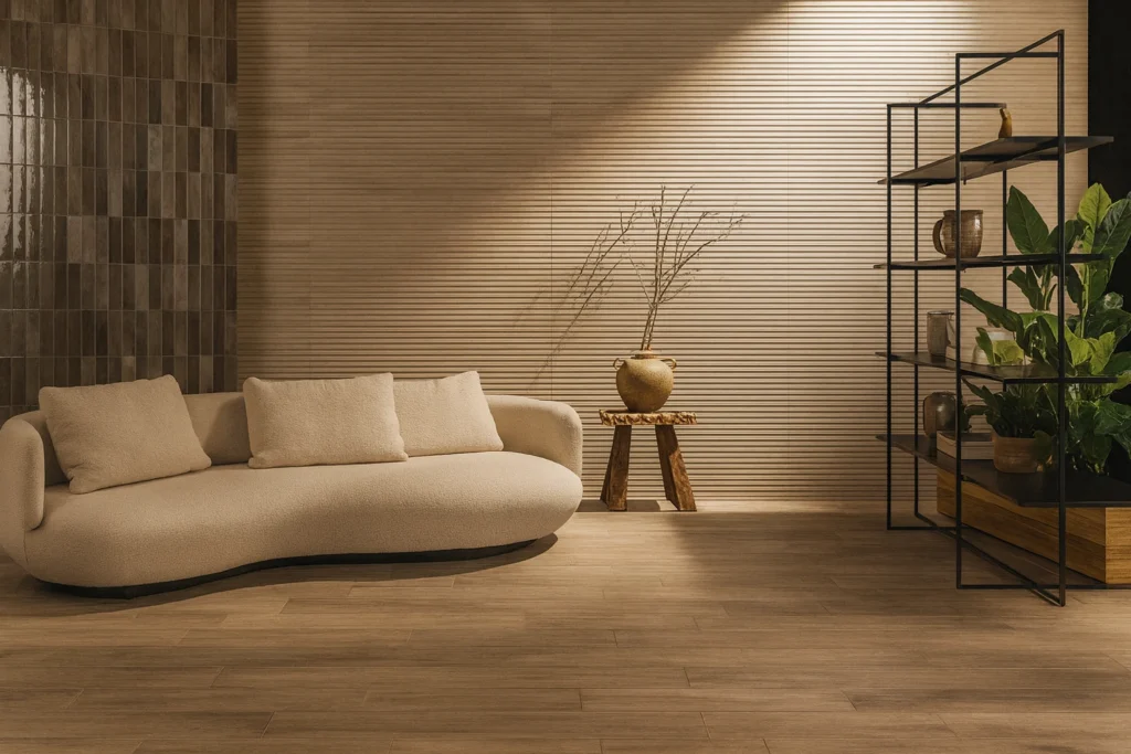 Portobello: Porcelanatos e Revestimentos de Alta Qualidade para Todos os Ambientes 1 Sala moderna com revestimentos Portobello, sofá curvo bege, parede ripada e prateleiras com plantas.