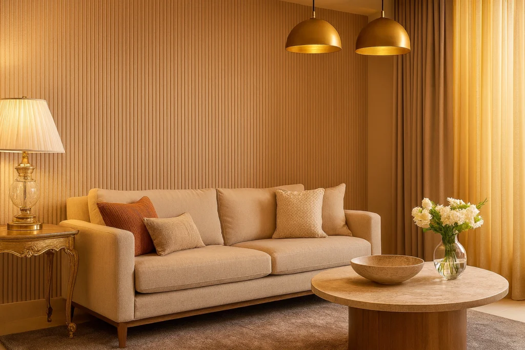 Sala de estar luxuosa com parede revestida em Filetto Camel Decortiles, sofá bege, mesa de centro refinada e iluminação dourada sofisticada.